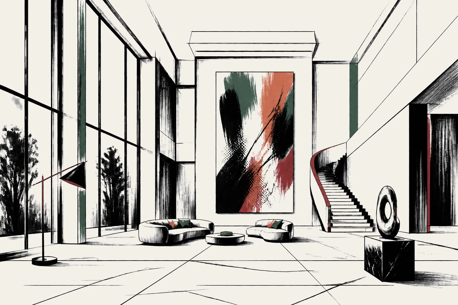 Esquema a lápiz de un gran salón de doble altura con escalera escultórica, ventanales y pintura monumental.
