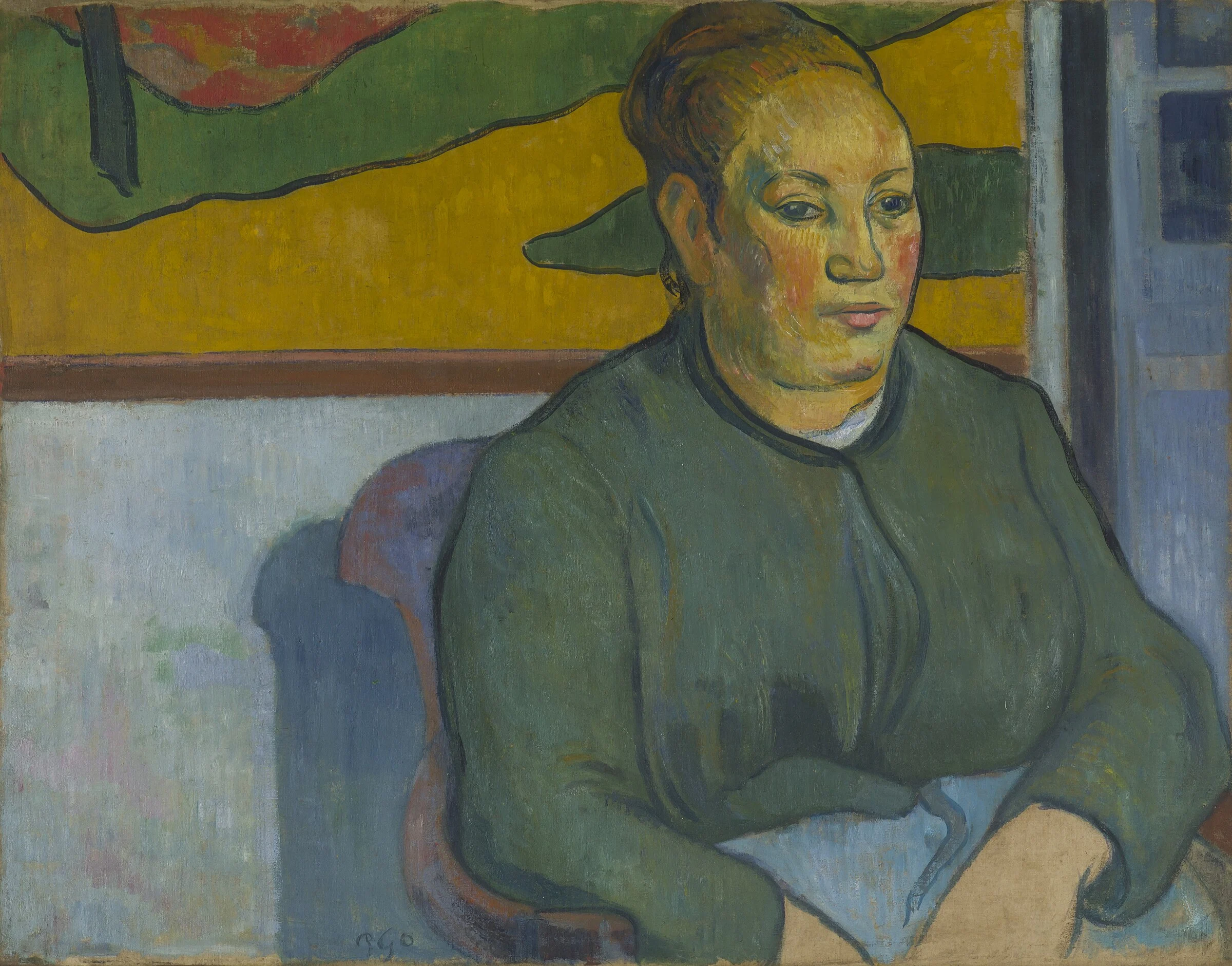 Madame Roulin de Paul Gauguin, retrato de una mujer sentada con vestido oscuro y fondo de flores decorativas.