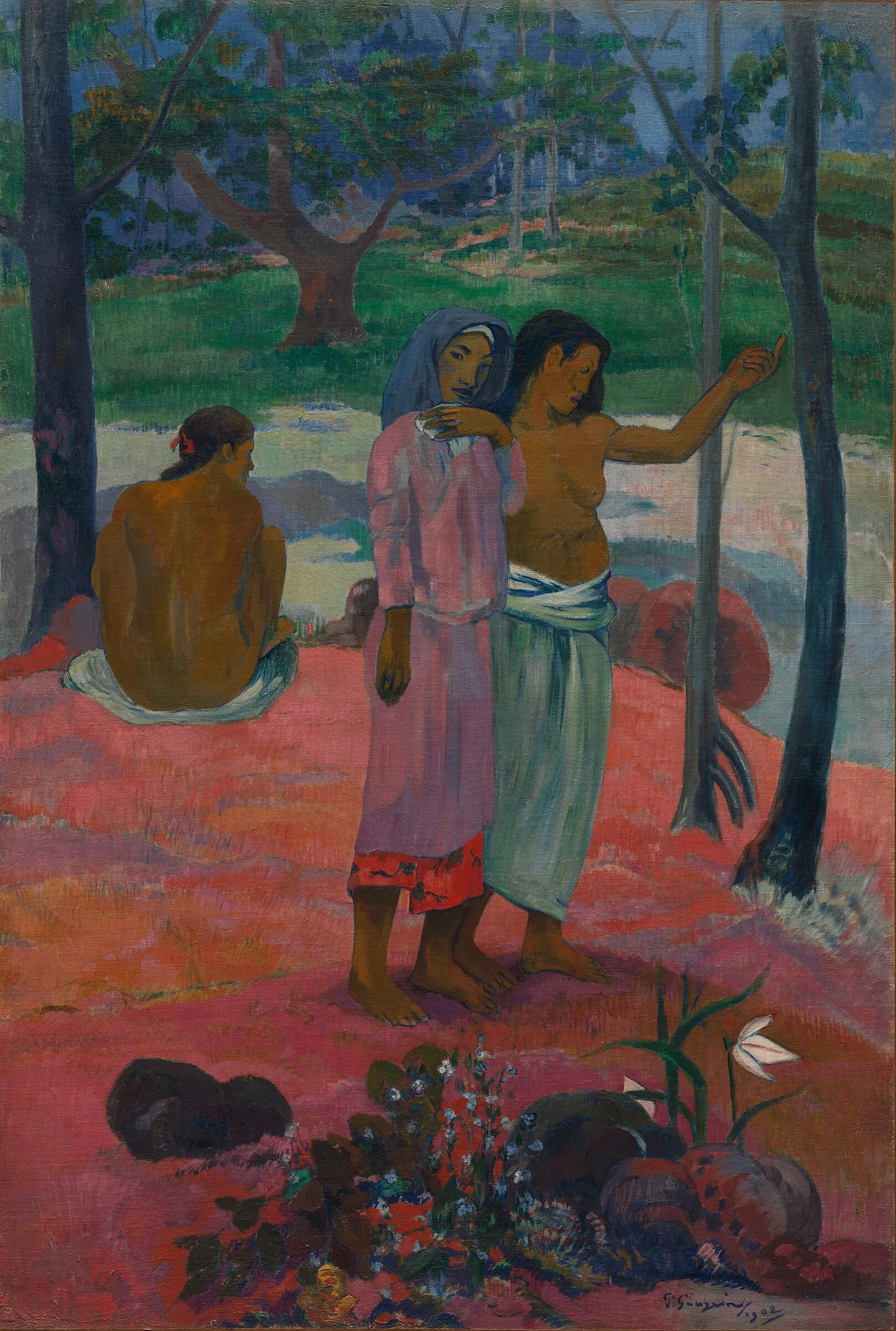 La llamada de Paul Gauguin, dos figuras en un paisaje tropical dominado por verdes profundos y tonos cálidos.