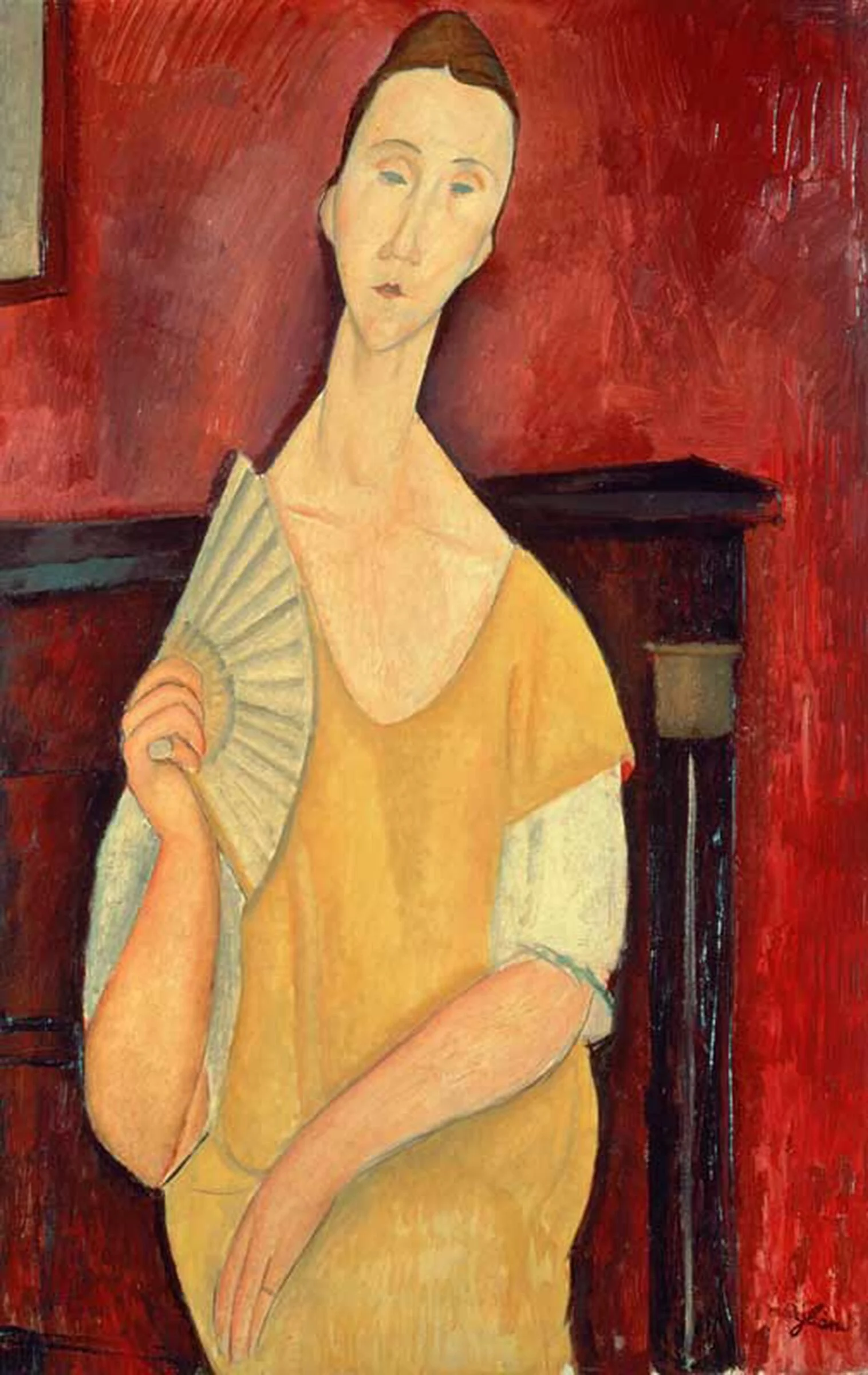Mujer con abanico de Amedeo Modigliani, figura sentada de formas estilizadas que sostiene un abanico cerrado.