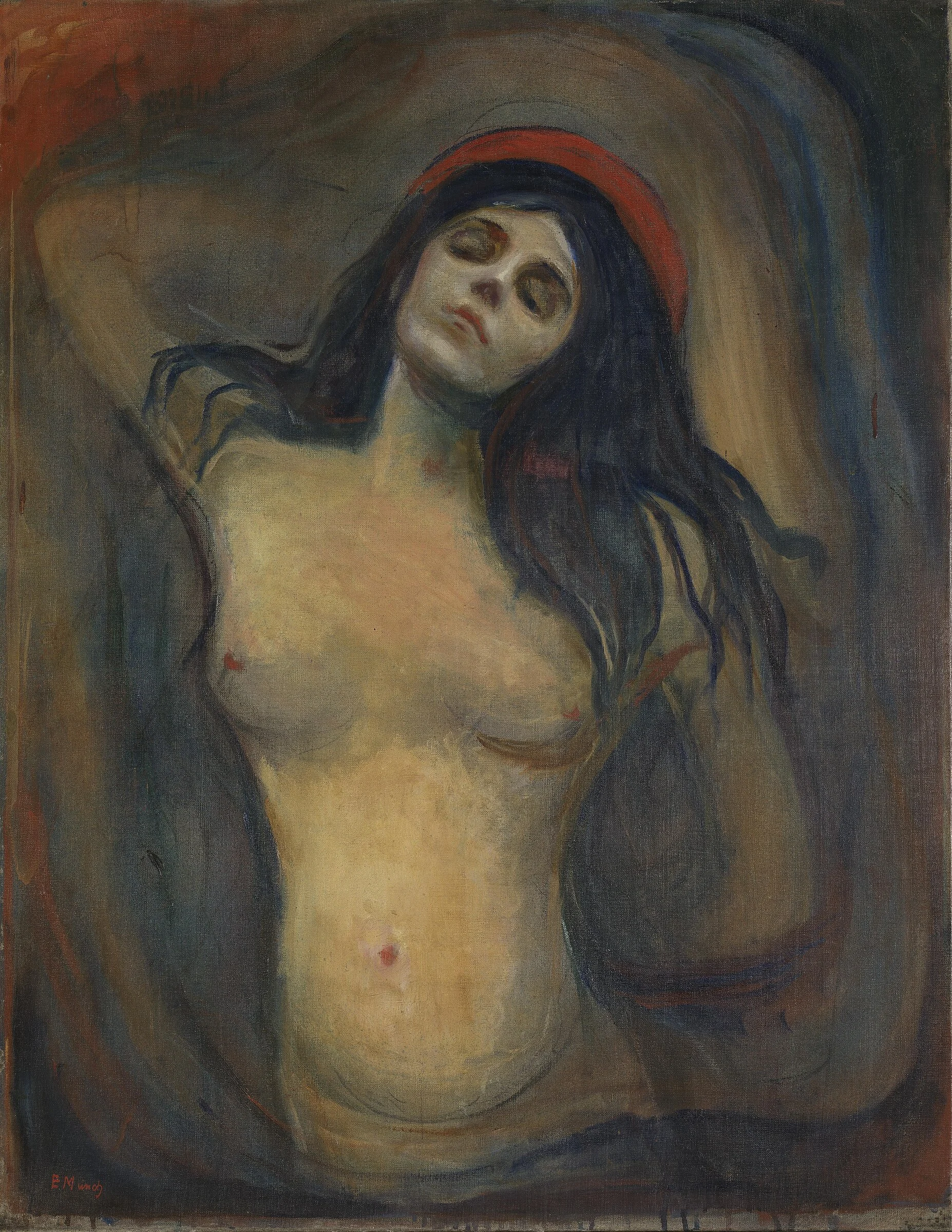 Madonna de Edvard Munch, figura femenina de ojos cerrados rodeada por un halo oscuro y líneas rojas.