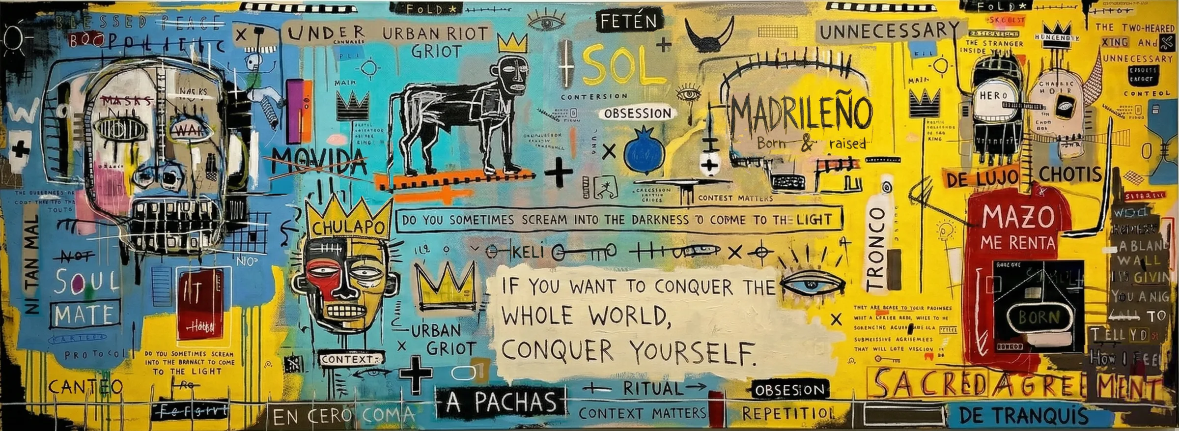 Madrileño, una pintura contemporánea con campos turquesa y amarillos, gestos negros y símbolos urbanos dibujados a mano